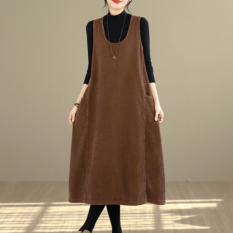 Buddha Stones Vestido de invierno sencillo de pana lisa con cuello redondo y bolsillos para mujer, estilo retro, ideal para otoño e invierno. - Tierra de siena - US8-10，UK/AU12-14，EU40-42 (2XL) - image 0
