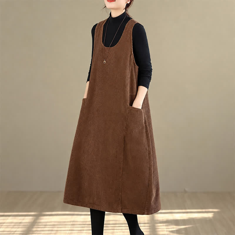 Buddha Stones Vestido de invierno sencillo de pana lisa con cuello redondo y bolsillos para mujer, estilo retro, ideal para otoño e invierno. - image 1