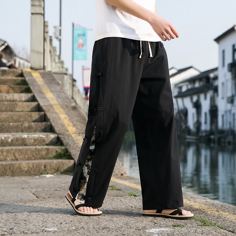 Buddha Stones Pantalones largos de pierna recta para hombre, estilo Tang, con aberturas laterales, estilo casual de primavera/verano, con bolsillos. - image 1