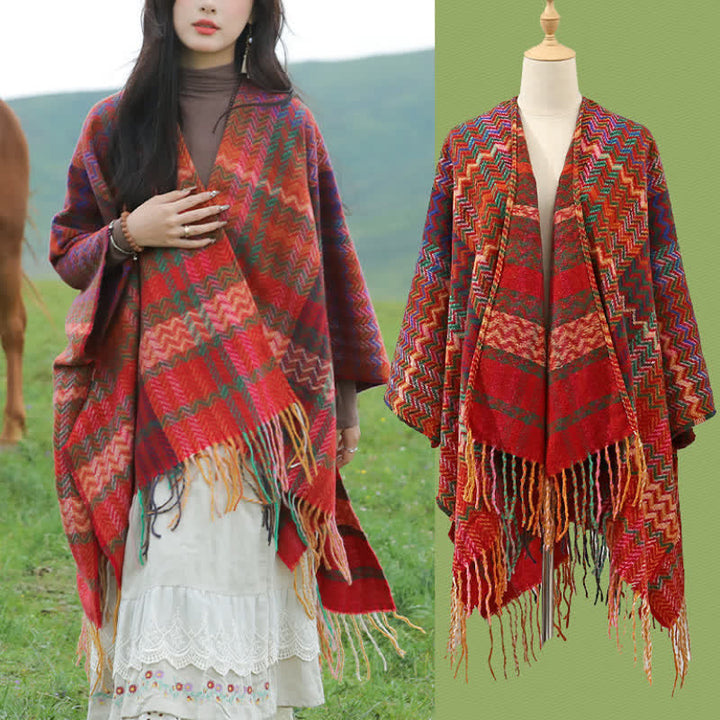 Buddha Stones Chal de mujer estilo bohemio con rayas onduladas y borlas, ideal para otoño e invierno. - image 11