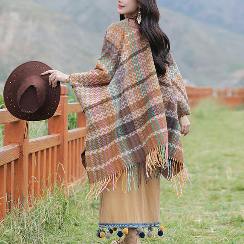 Buddha Stones Chal de mujer estilo bohemio con rayas onduladas y borlas, ideal para otoño e invierno. - image 15