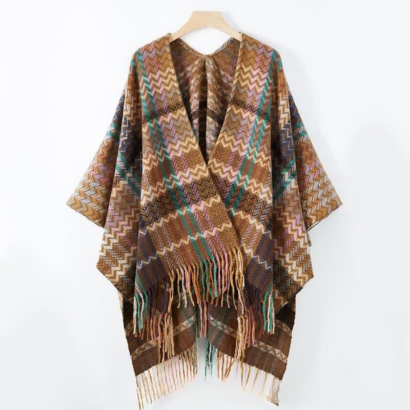 Buddha Stones Chal de mujer estilo bohemio con rayas onduladas y borlas, ideal para otoño e invierno. - image 17