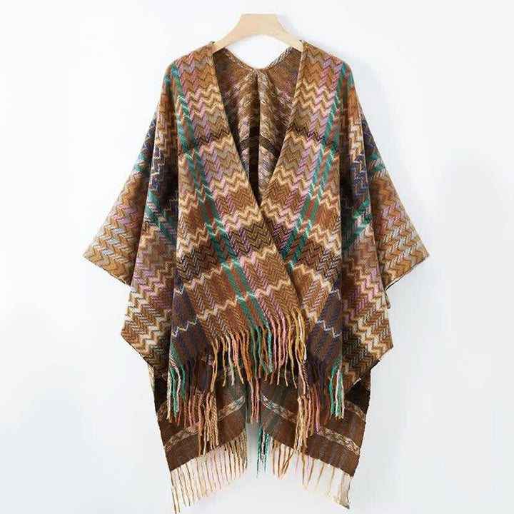 Buddha Stones Chal de mujer estilo bohemio con rayas onduladas y borlas, ideal para otoño e invierno. - image 17