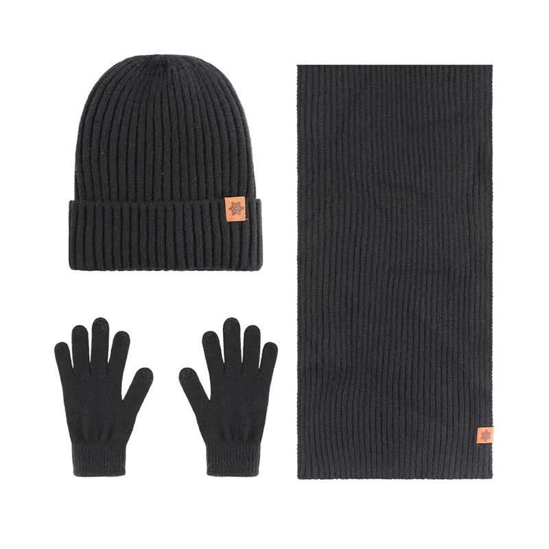 Buddha Stones Conjunto de regalo de 3 piezas de punto acanalado para hombre: bufanda, gorro y guantes. - 3 piezas acanaladas negras - image 0