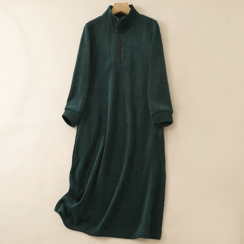 Buddha Stones Vestido de manga larga para mujer, de pana lisa, estilo Tang, con cremallera de un cuarto y bolsillos, ideal para otoño/invierno. - Verde oscuro - US8-10, UK/AU12-14, EU40-42 (2XL) - image 0