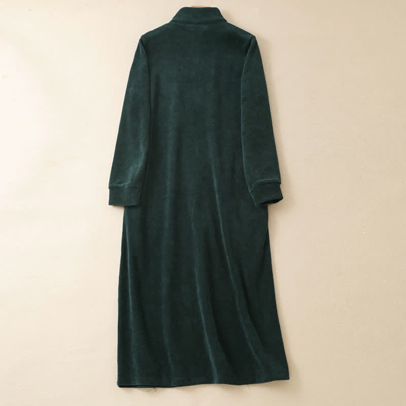 Buddha Stones Vestido de manga larga para mujer, de pana lisa, estilo Tang, con cremallera de un cuarto y bolsillos, ideal para otoño/invierno. - image 1