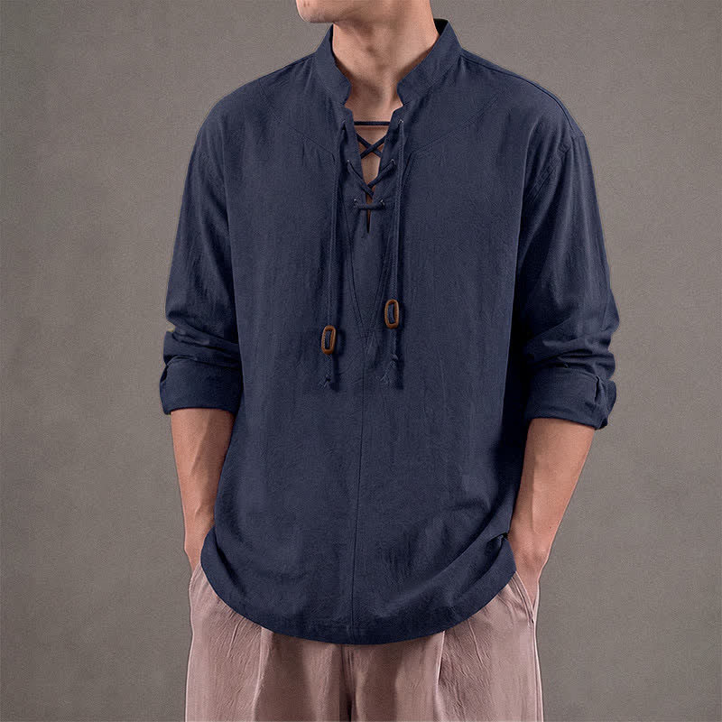 Buddha Stones Camisas de manga larga para hombre, informales, con cuello mandarín y cordón ajustable, para primavera y otoño. - image 1