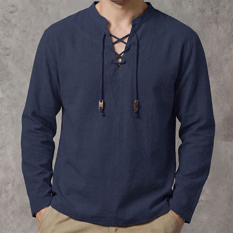 Buddha Stones Camisas de manga larga para hombre, informales, con cuello mandarín y cordón ajustable, para primavera y otoño. - Marina de guerra - US/UK/AU42, EU52 (3XL) - image 0