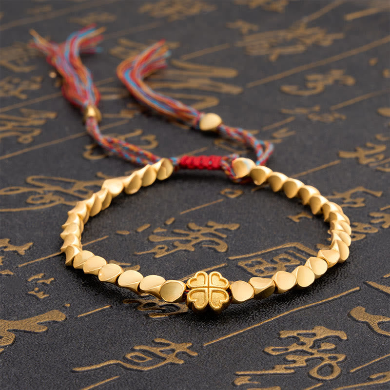 Buddha Stones Pulsera de cuentas de cobre tibetano con trébol de cuatro hojas y cordón colorido para la buena suerte - 7,9 pulgadas (20 cm) - image 0
