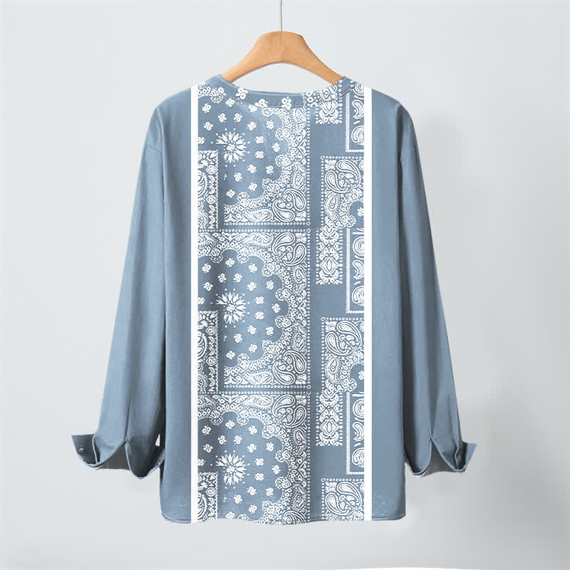 Buddha Stones Camisas de manga larga para hombre de algodón con cuello en V, estampado de rayas paisley estilo boho y botones. - image 3