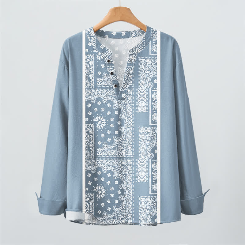 Buddha Stones Camisas de manga larga para hombre de algodón con cuello en V, estampado de rayas paisley estilo boho y botones. - image 2
