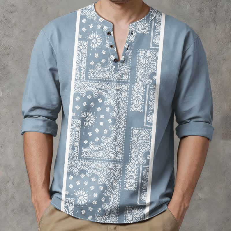 Buddha Stones Camisas de manga larga para hombre de algodón con cuello en V, estampado de rayas paisley estilo boho y botones. - Azul acero claro - US/UK/AU48, UE58 (4XL) - image 0