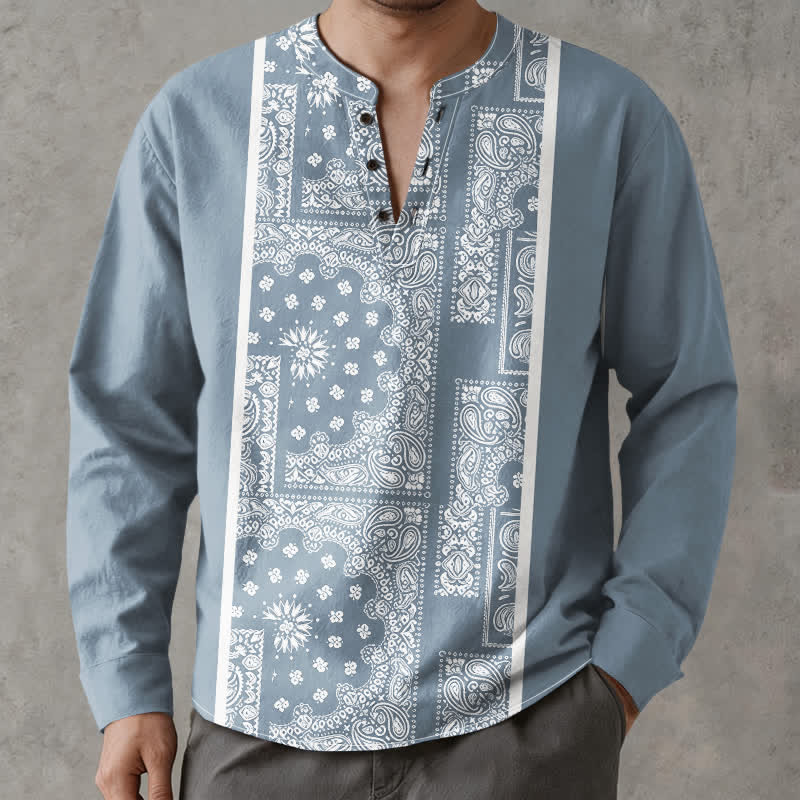 Buddha Stones Camisas de manga larga para hombre de algodón con cuello en V, estampado de rayas paisley estilo boho y botones. - image 1