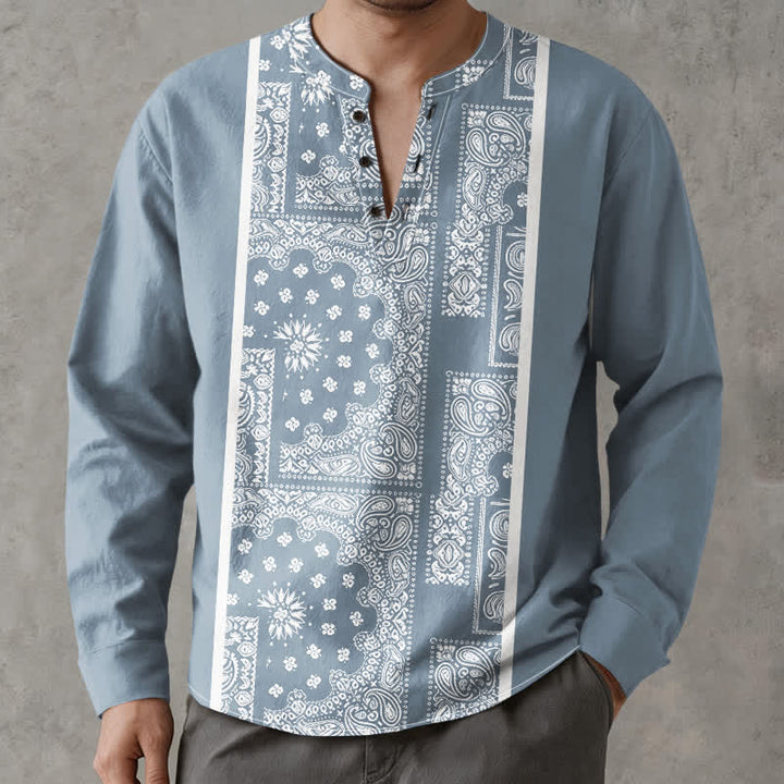 Buddha Stones Camisas de manga larga para hombre de algodón con cuello en V, estampado de rayas paisley estilo boho y botones. - image 1