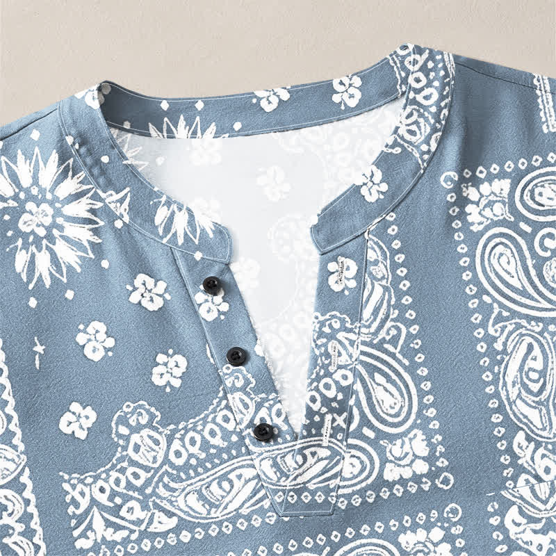 Buddha Stones Camisas de manga larga para hombre de algodón con cuello en V, estampado de rayas paisley estilo boho y botones. - image 4