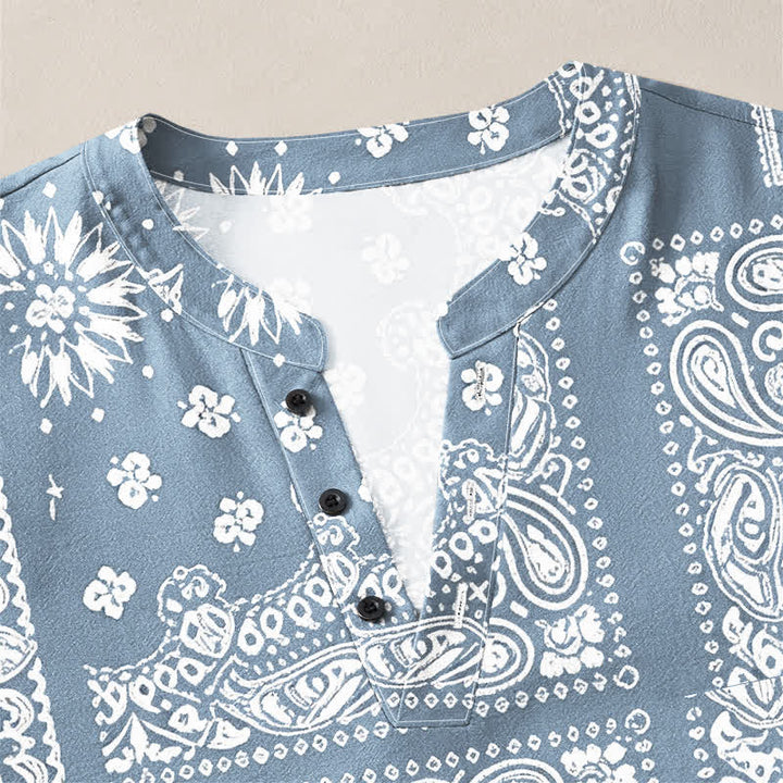 Buddha Stones Camisas de manga larga para hombre de algodón con cuello en V, estampado de rayas paisley estilo boho y botones. - image 4