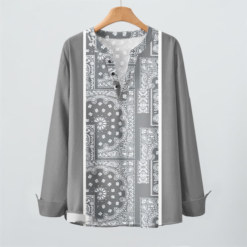 Buddha Stones Camisas de manga larga para hombre de algodón con cuello en V, estampado de rayas paisley estilo boho y botones. - image 9
