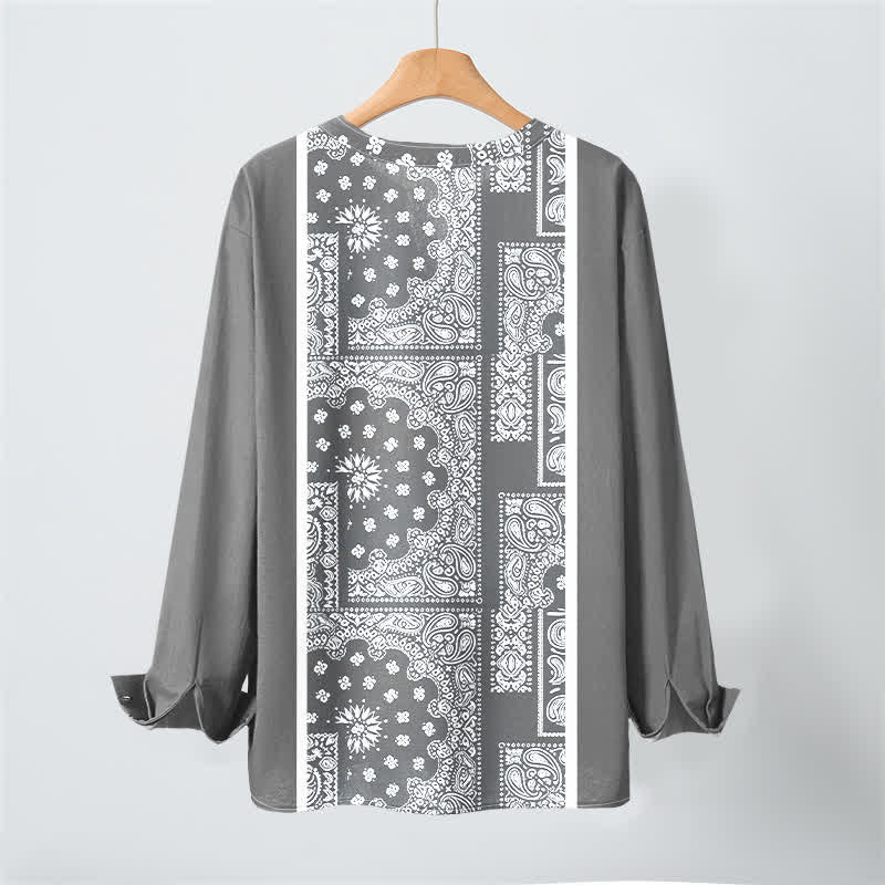 Buddha Stones Camisas de manga larga para hombre de algodón con cuello en V, estampado de rayas paisley estilo boho y botones. - image 10