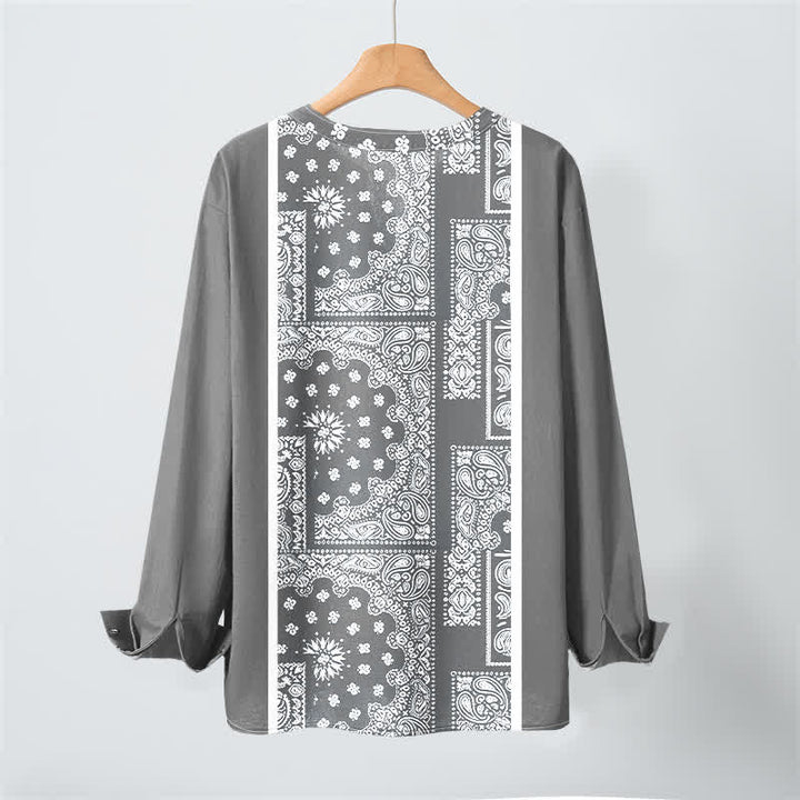 Buddha Stones Camisas de manga larga para hombre de algodón con cuello en V, estampado de rayas paisley estilo boho y botones. - image 10