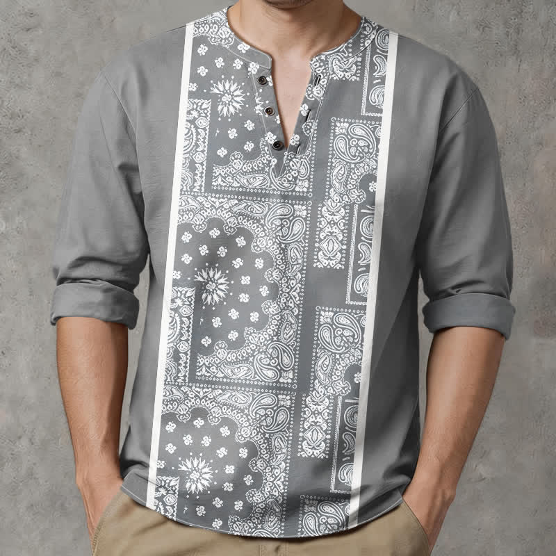 Buddha Stones Camisas de manga larga para hombre de algodón con cuello en V, estampado de rayas paisley estilo boho y botones. - Gris - US/UK/AU48, UE58 (4XL) - image 7