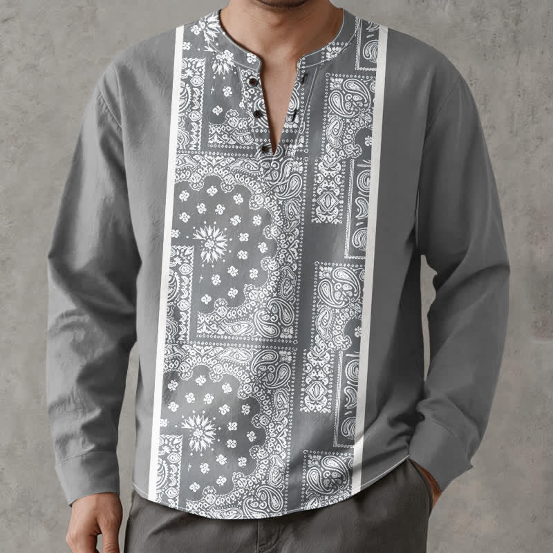Buddha Stones Camisas de manga larga para hombre de algodón con cuello en V, estampado de rayas paisley estilo boho y botones. - image 8