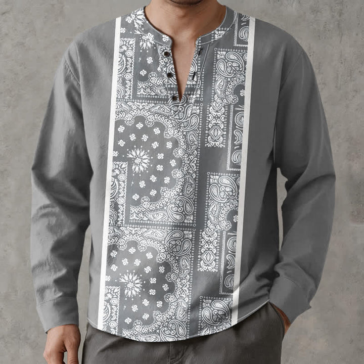 Buddha Stones Camisas de manga larga para hombre de algodón con cuello en V, estampado de rayas paisley estilo boho y botones. - image 8