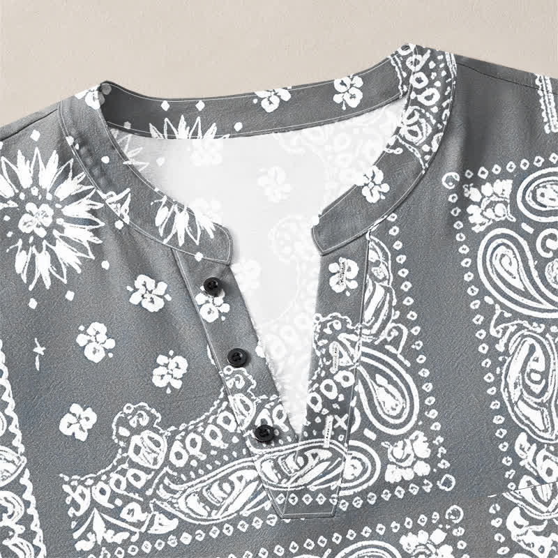 Buddha Stones Camisas de manga larga para hombre de algodón con cuello en V, estampado de rayas paisley estilo boho y botones. - image 11