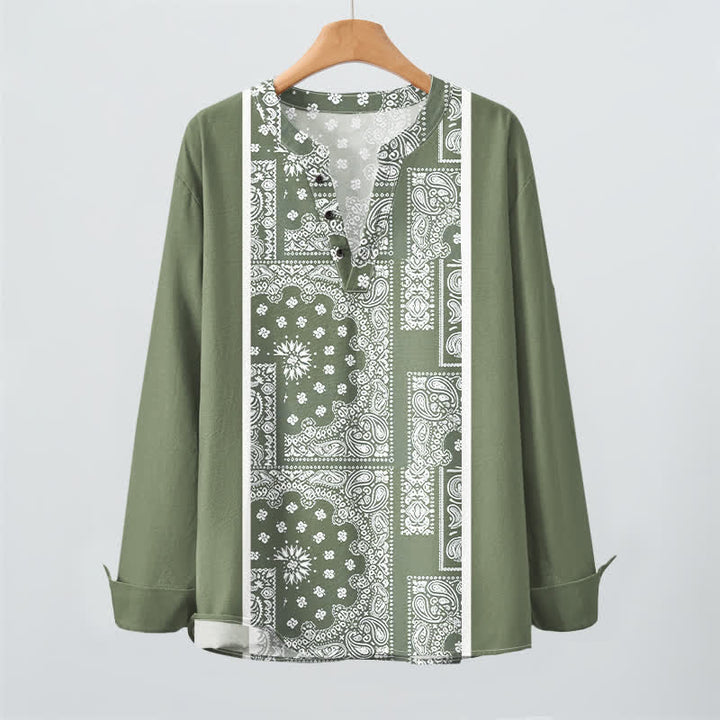 Buddha Stones Camisas de manga larga para hombre de algodón con cuello en V, estampado de rayas paisley estilo boho y botones. - image 16