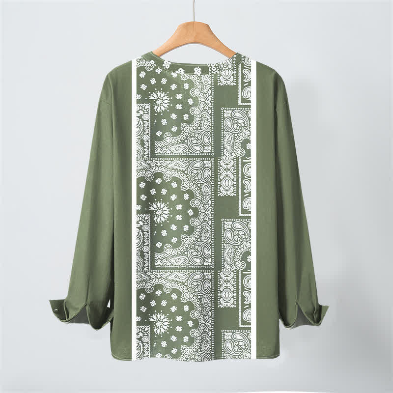 Buddha Stones Camisas de manga larga para hombre de algodón con cuello en V, estampado de rayas paisley estilo boho y botones. - image 17
