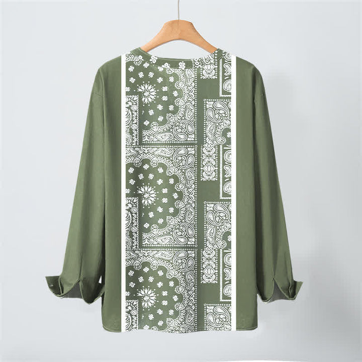 Buddha Stones Camisas de manga larga para hombre de algodón con cuello en V, estampado de rayas paisley estilo boho y botones. - image 17