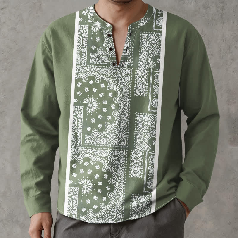 Buddha Stones Camisas de manga larga para hombre de algodón con cuello en V, estampado de rayas paisley estilo boho y botones. - image 15