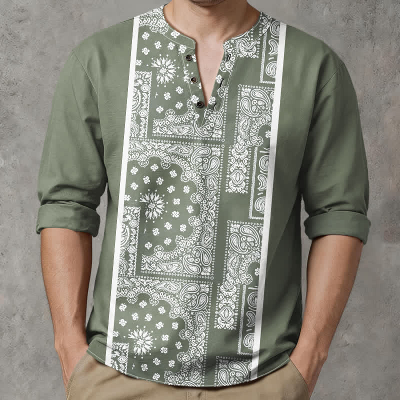 Buddha Stones Camisas de manga larga para hombre de algodón con cuello en V, estampado de rayas paisley estilo boho y botones. - Verde oliva - US/UK/AU48, UE58 (4XL) - image 14