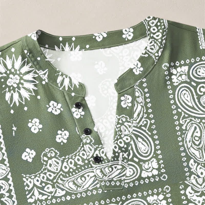 Buddha Stones Camisas de manga larga para hombre de algodón con cuello en V, estampado de rayas paisley estilo boho y botones. - image 18