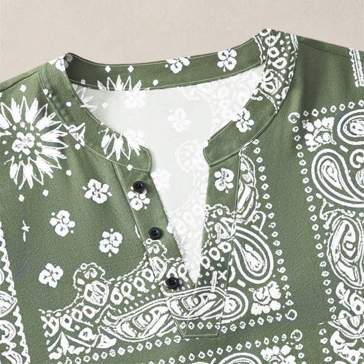 Buddha Stones Camisas de manga larga para hombre de algodón con cuello en V, estampado de rayas paisley estilo boho y botones. - image 18