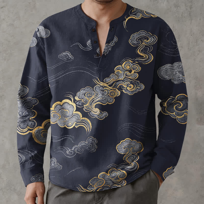 Buddha Stones Camisas de manga larga para hombre de algodón con cuello en V y estampado de nubes orientales. - image 1
