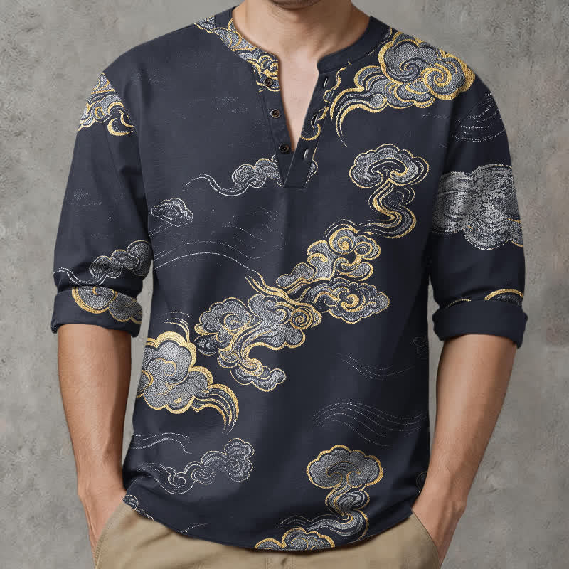 Buddha Stones Camisas de manga larga para hombre de algodón con cuello en V y estampado de nubes orientales. - Negro - US/UK/AU48, UE58 (4XL) - image 0