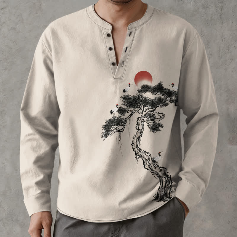 Buddha Stones Camisas de manga larga para hombre con cuello en V y botones, con estampado de pájaros rojos y tinta de algodón. - image 1