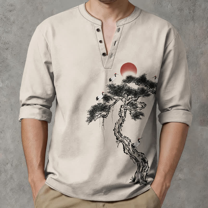 Buddha Stones Camisas de manga larga para hombre con cuello en V y botones, con estampado de pájaros rojos y tinta de algodón. - Lino - US/UK/AU48, UE58 (4XL) - image 0