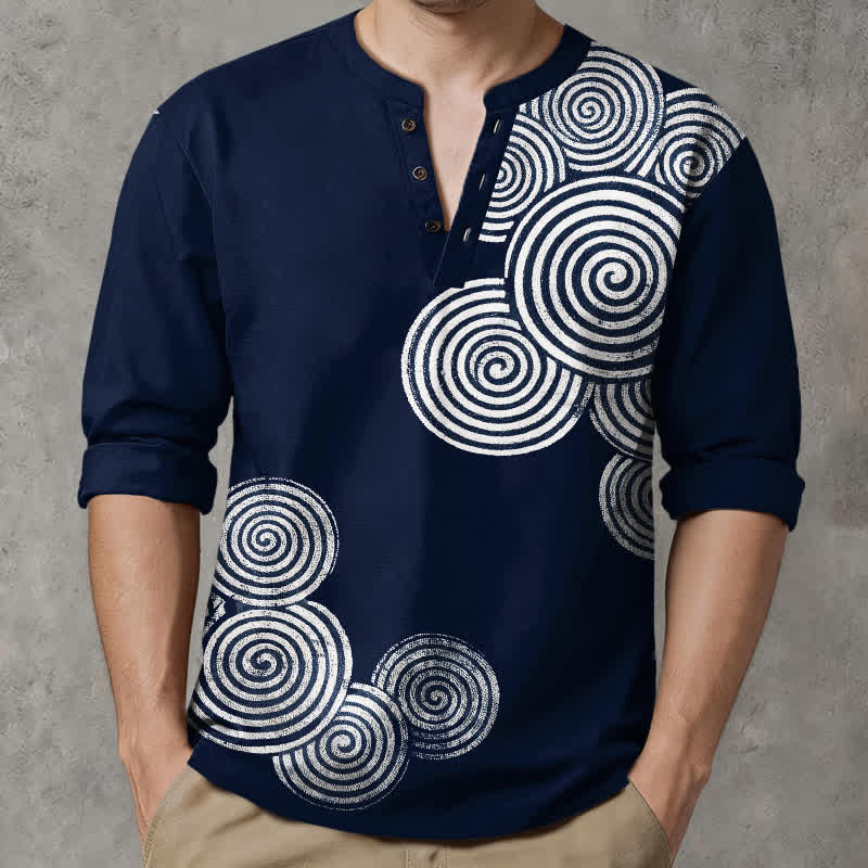 Buddha Stones Camisas de manga larga para hombre de algodón con cuello en V, estampado en espiral estilo bohemio y botones. - image 1