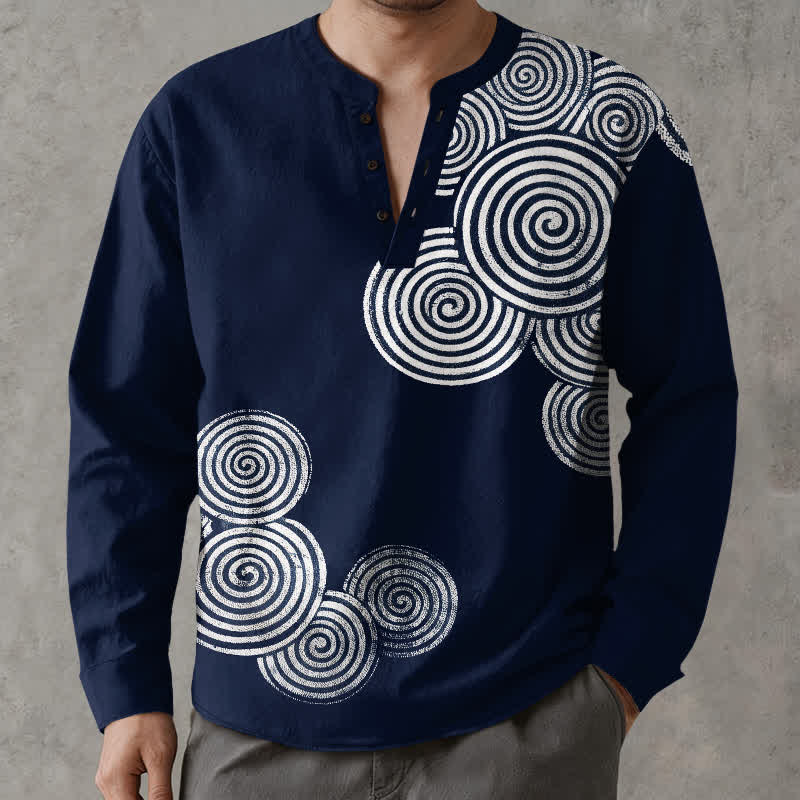 Buddha Stones Camisas de manga larga para hombre de algodón con cuello en V, estampado en espiral estilo bohemio y botones. - Marina de guerra - US/UK/AU48, UE58 (4XL) - image 0