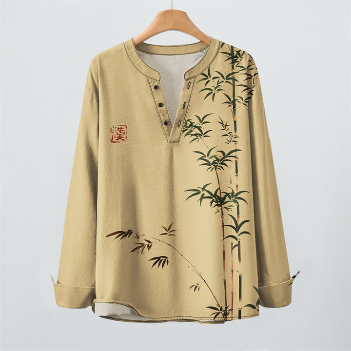 Buddha Stones Camisas de manga larga para hombre de algodón con cuello en V y estampado de sello de bambú oriental. - image 2