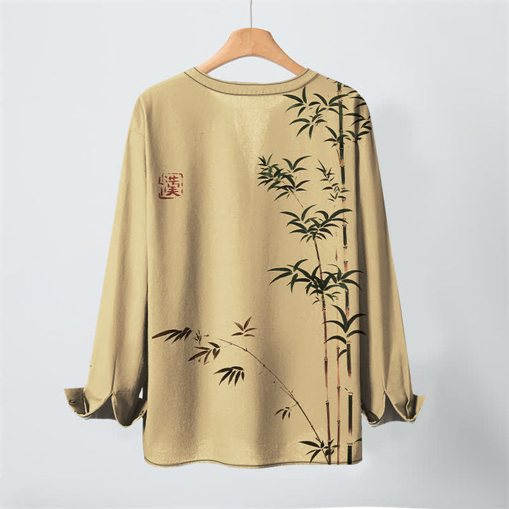 Buddha Stones Camisas de manga larga para hombre de algodón con cuello en V y estampado de sello de bambú oriental. - image 3