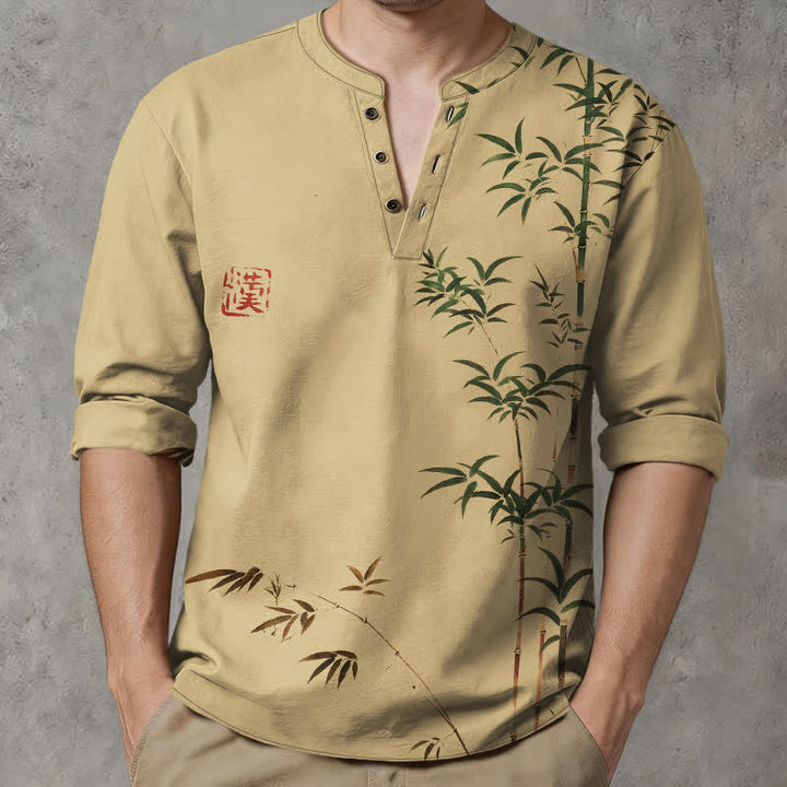 Buddha Stones Camisas de manga larga para hombre de algodón con cuello en V y estampado de sello de bambú oriental. - Broncearse - US/UK/AU48, UE58 (4XL) - image 0