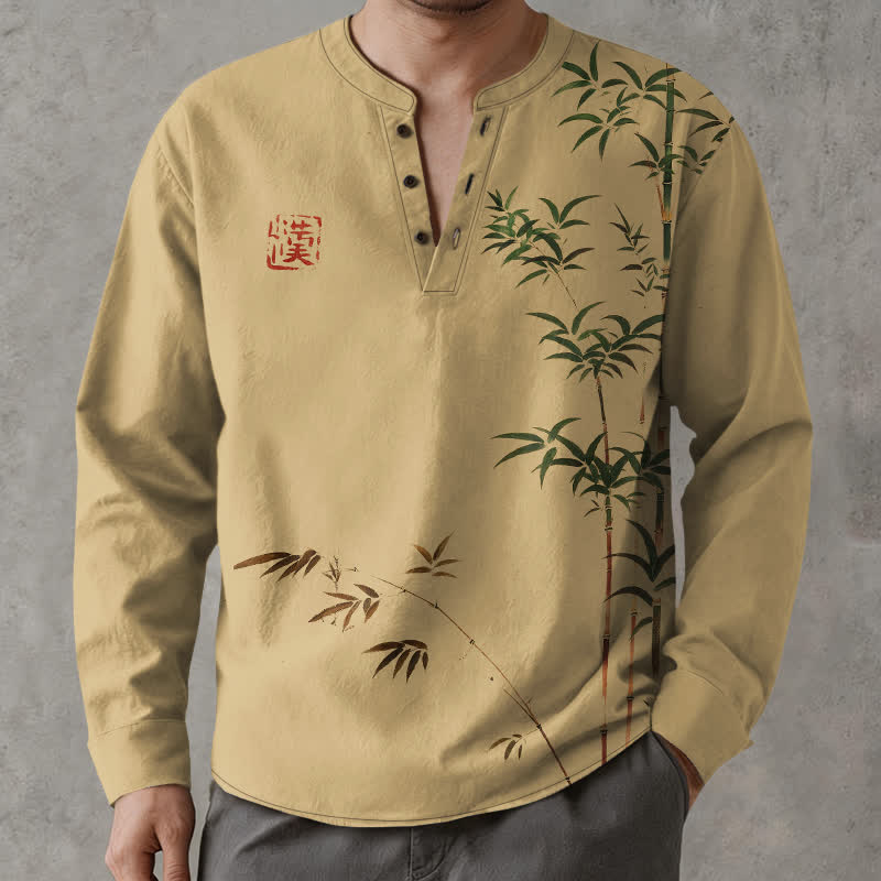 Buddha Stones Camisas de manga larga para hombre de algodón con cuello en V y estampado de sello de bambú oriental. - image 1