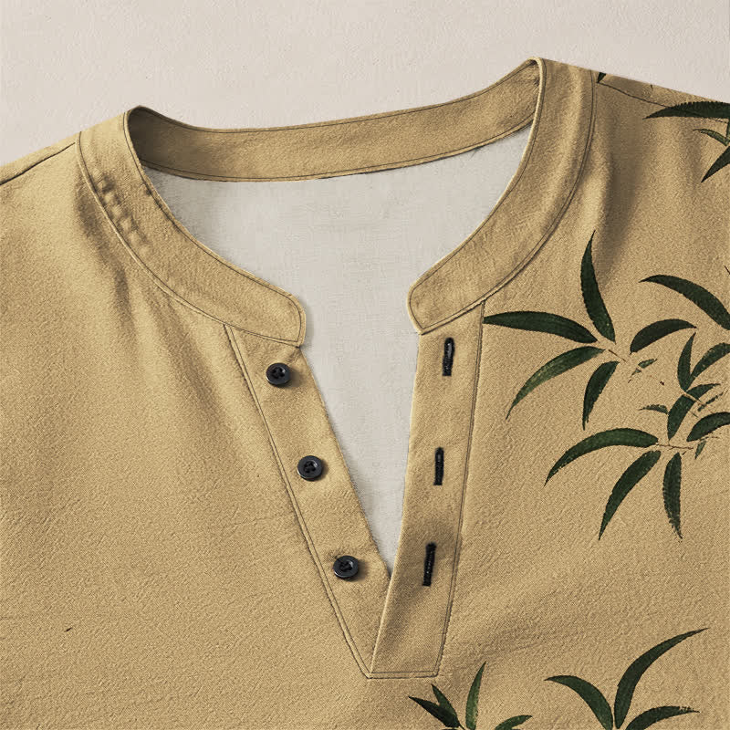 Buddha Stones Camisas de manga larga para hombre de algodón con cuello en V y estampado de sello de bambú oriental. - image 4