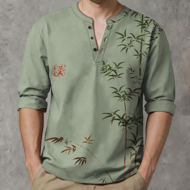 Buddha Stones Camisas de manga larga para hombre de algodón con cuello en V y estampado de sello de bambú oriental. - Verde mar oscuro - US/UK/AU48, UE58 (4XL) - image 7