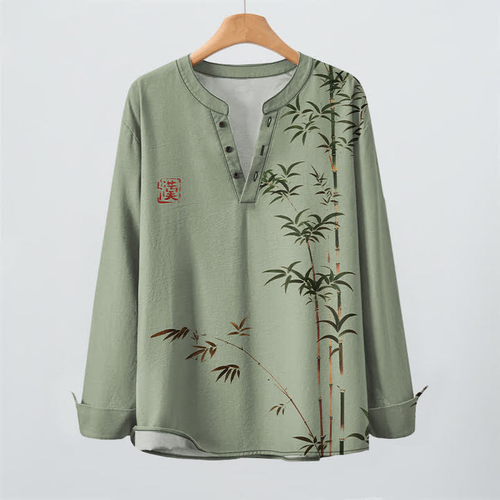 Buddha Stones Camisas de manga larga para hombre de algodón con cuello en V y estampado de sello de bambú oriental. - image 9