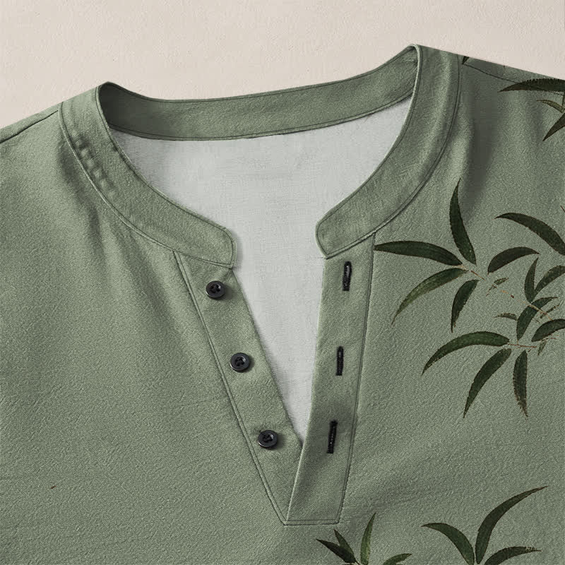 Buddha Stones Camisas de manga larga para hombre de algodón con cuello en V y estampado de sello de bambú oriental. - image 11