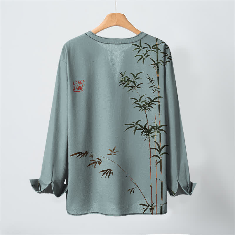 Buddha Stones Camisas de manga larga para hombre de algodón con cuello en V y estampado de sello de bambú oriental. - image 17