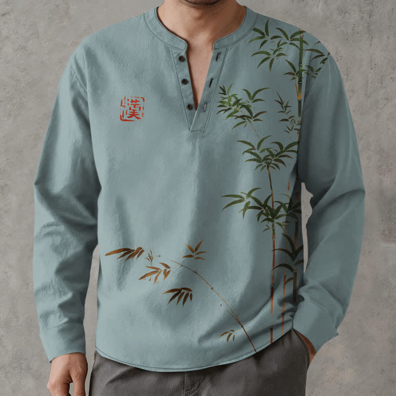 Buddha Stones Camisas de manga larga para hombre de algodón con cuello en V y estampado de sello de bambú oriental. - image 15